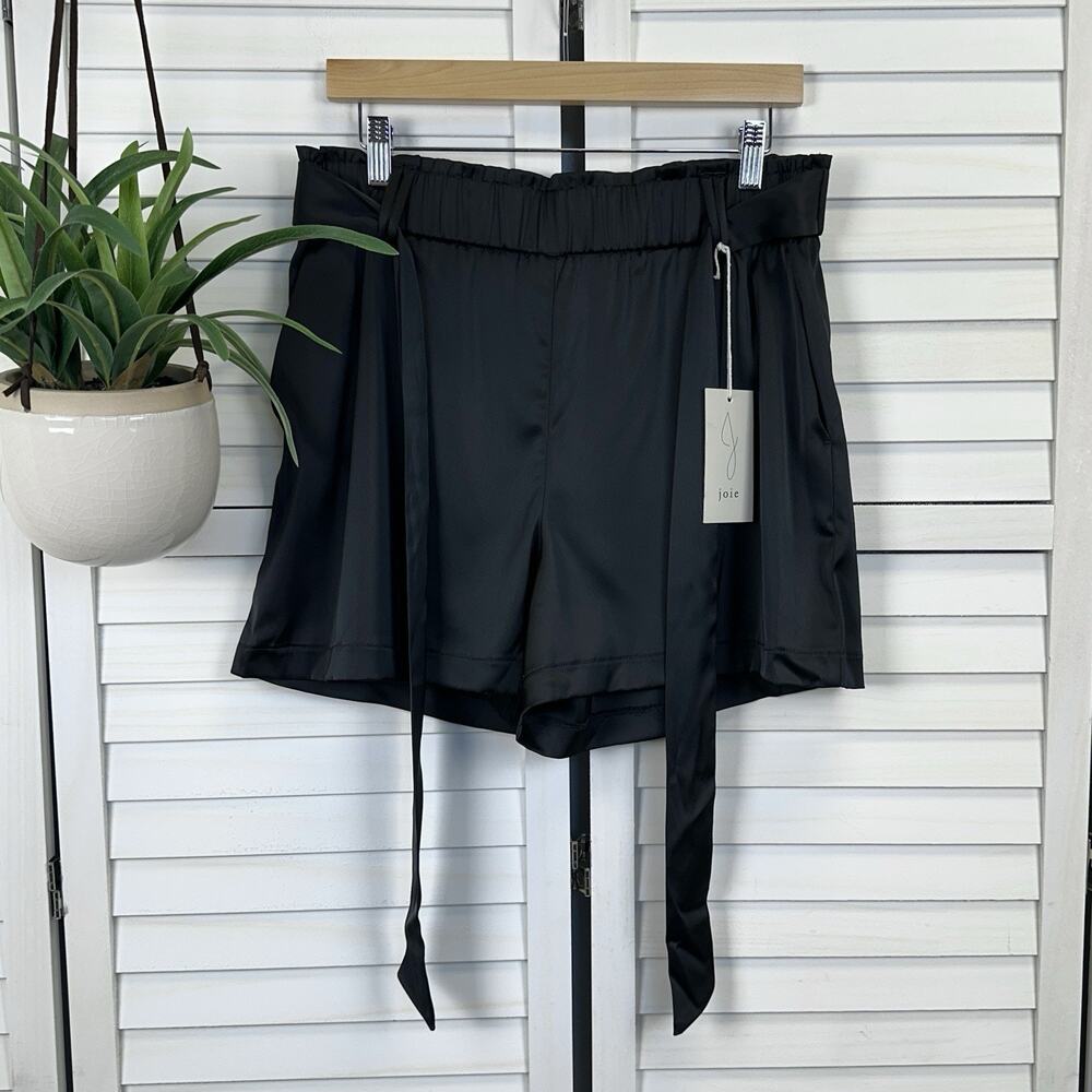 New Joie Black Satin Short Elastic Waist Pull On Tie Front Belt Size 10